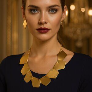Brand New Gold Plated Geometric Jewelry Set - Chunky Necklace  Earrings Set